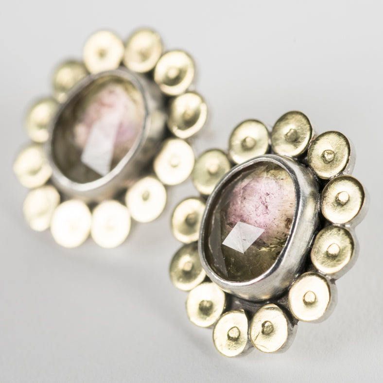 Cyprus Watermelon Tourmaline Studs w/ disk halo