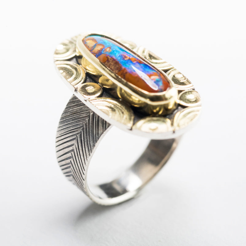 Mykonos Boulder Opal Ring w/ Chevron Saddle Band in Gold & Silver, Size 7