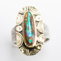 Mykonos Boulder Opal Ring w/ Chevron Saddle Band in Gold & Silver, Size 7