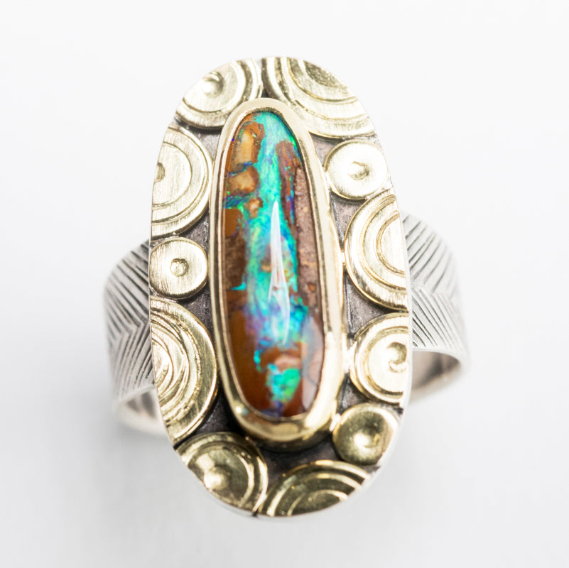 Mykonos Boulder Opal Ring w/ Chevron Saddle Band in Gold & Silver, Size 7