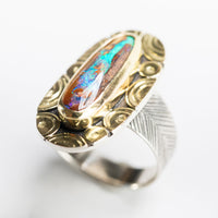 Mykonos Boulder Opal Ring w/ Chevron Saddle Band in Gold & Silver, Size 7