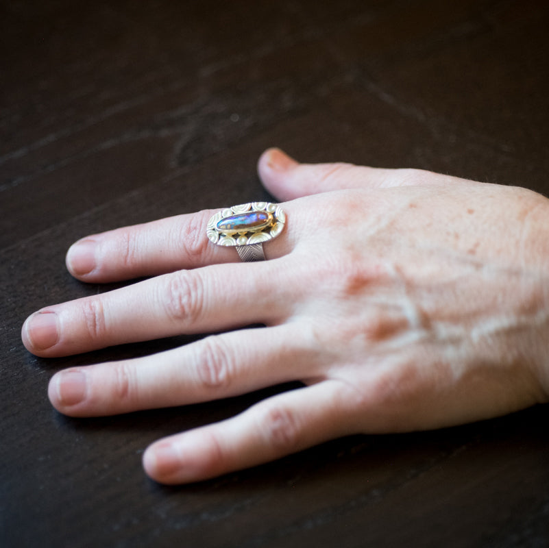 Mykonos Boulder Opal Ring w/ Chevron Saddle Band in Gold & Silver, Size 7