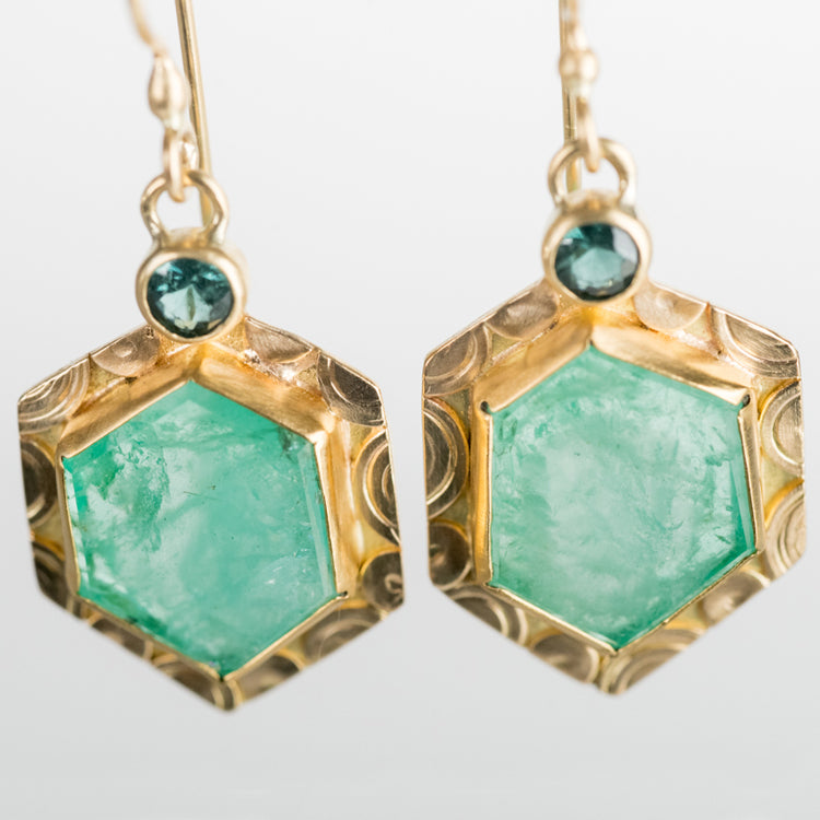 Madeira Emerald & Indicolite Tourmaline Earrings in Solid Gold