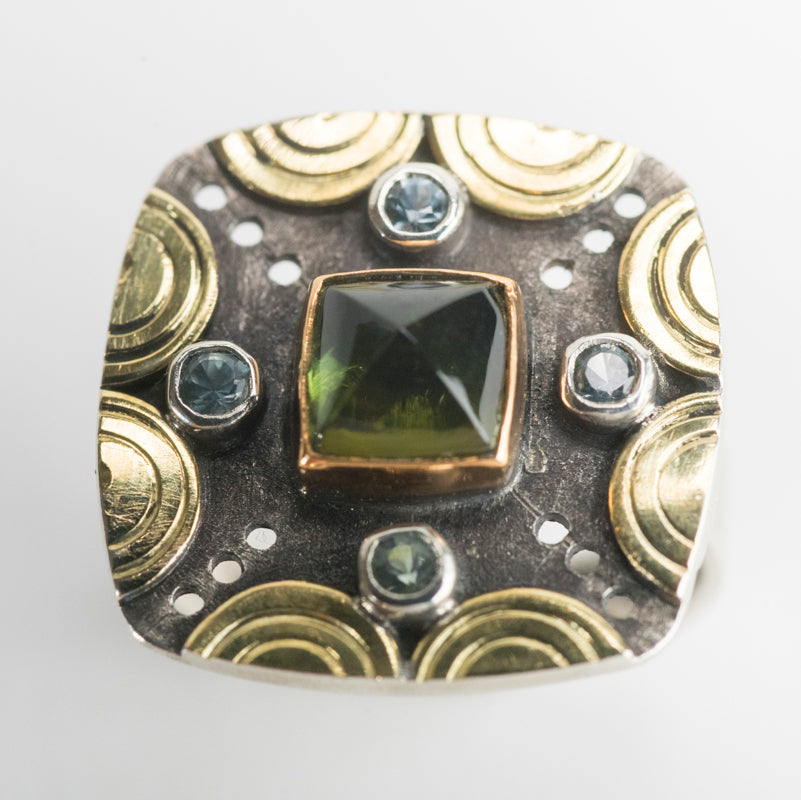 Catalonia Green Tourmaline & Sapphire Ring - size 6 1/2