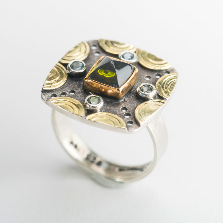 Catalonia Green Tourmaline & Sapphire Ring - size 6 1/2