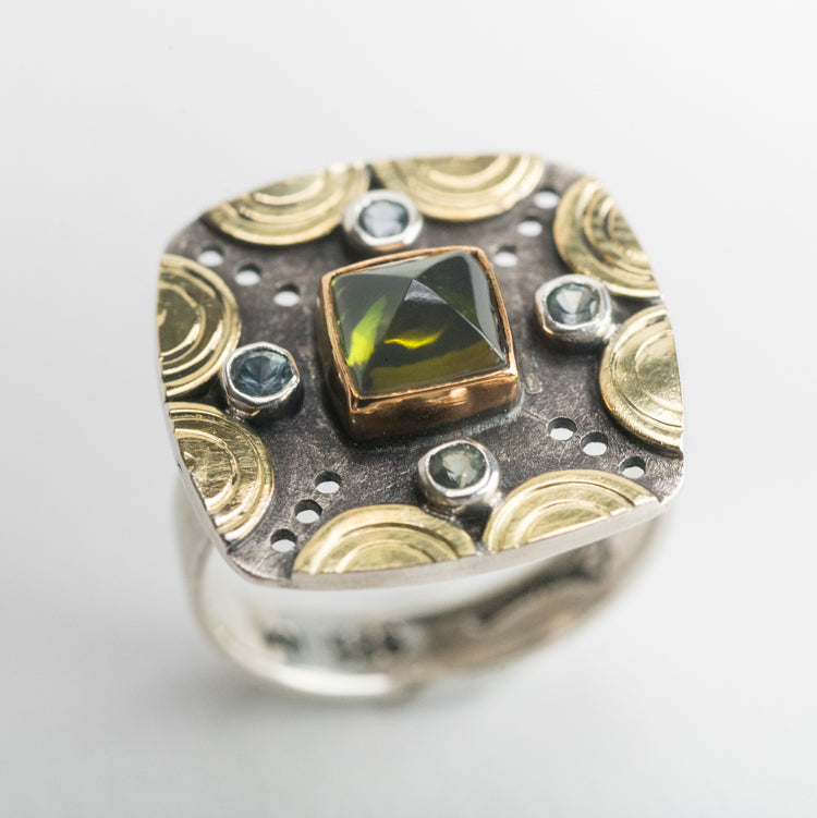 Catalonia Green Tourmaline & Sapphire Ring - size 6 1/2