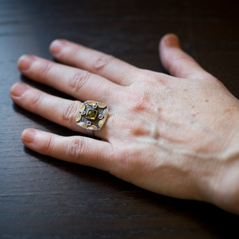 Catalonia Green Tourmaline & Sapphire Ring - size 6 1/2