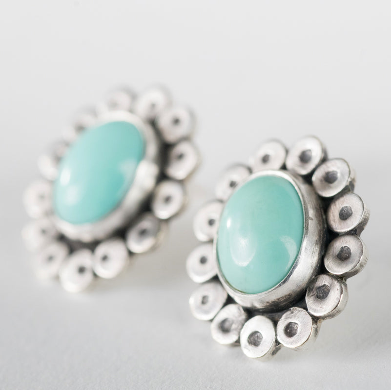 Cyprus Turquoise Cabochon Studs w/ disk halo