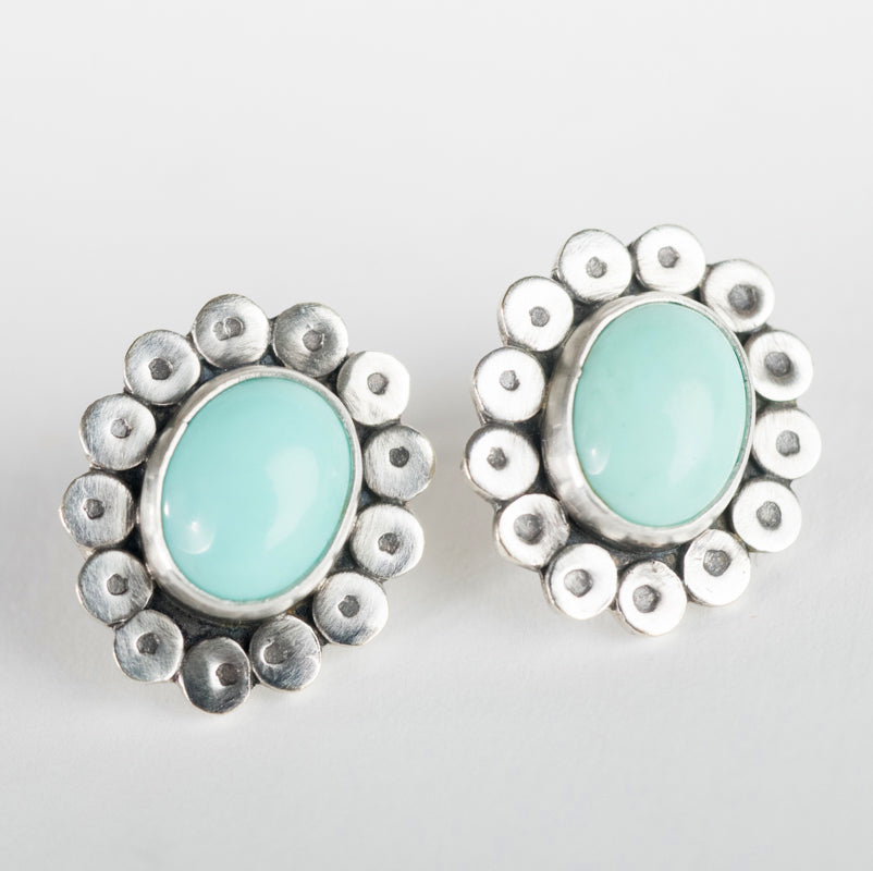 Cyprus Turquoise Cabochon Studs w/ disk halo