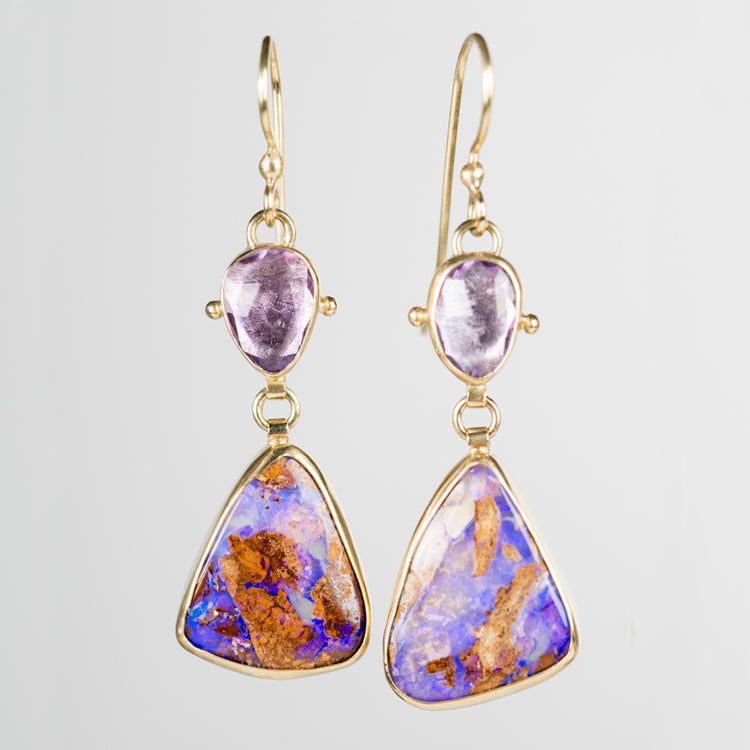 Europa Boulder Opal and Pink Amethyst Earrings in Gold & Silver