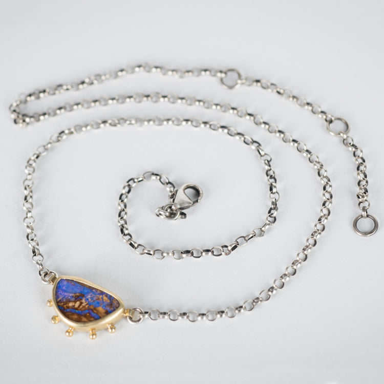 Ceres Purple Boulder Opal Necklace in 18k Gold with Granule Halo