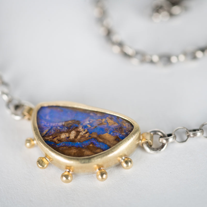 Ceres Purple Boulder Opal Necklace in 18k Gold with Granule Halo