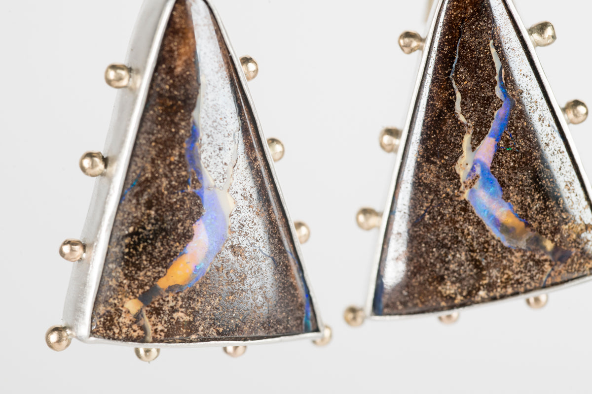 Hailey Boulder Pipe Opal Earrings in Silver w/ 18k Gold Granule Halo