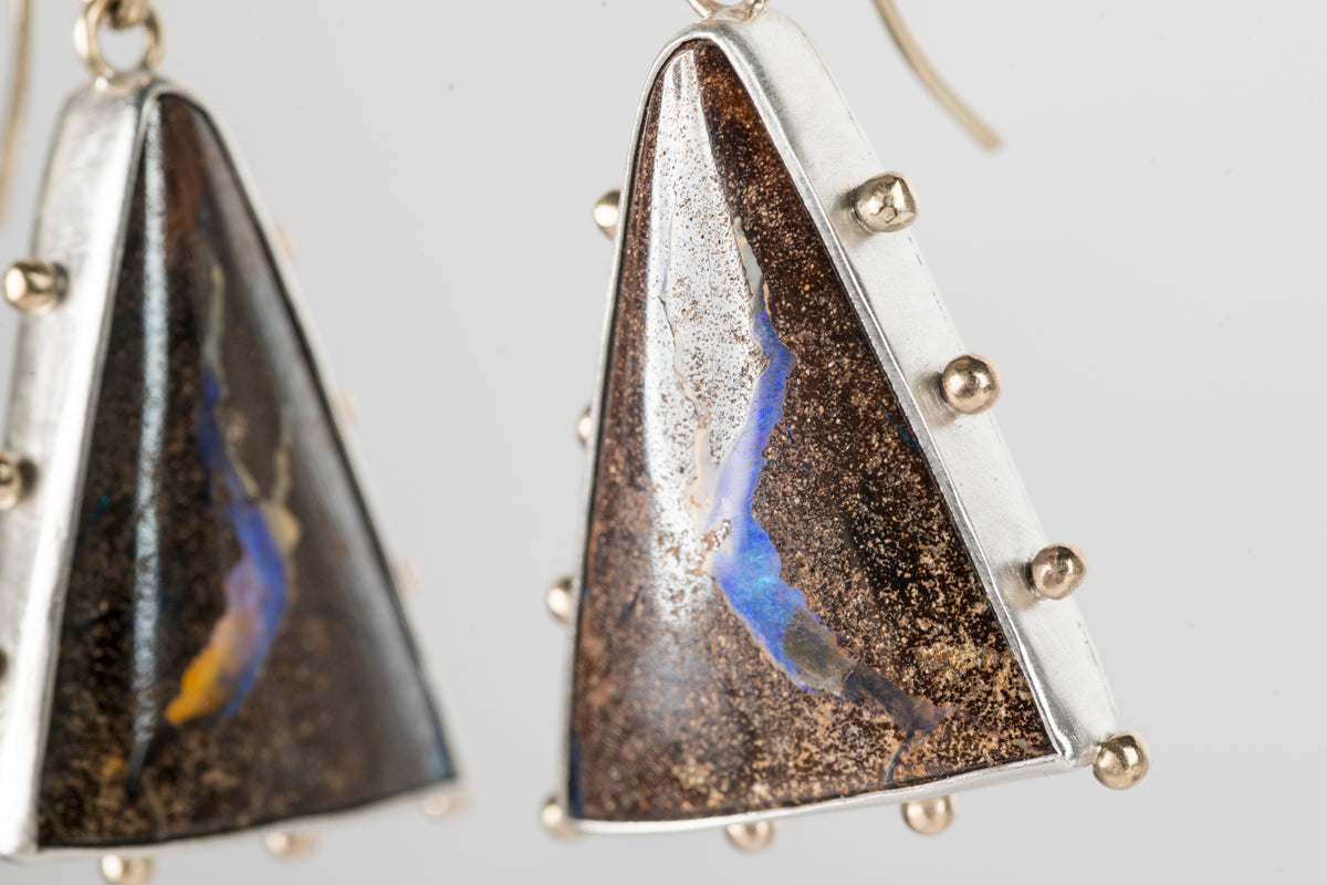 Hailey Boulder Pipe Opal Earrings in Silver w/ 18k Gold Granule Halo