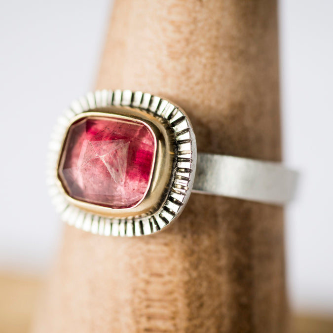Sorento Pink Tourmaline in 18k Gold Bezel w/ Silver Ring, Size 6