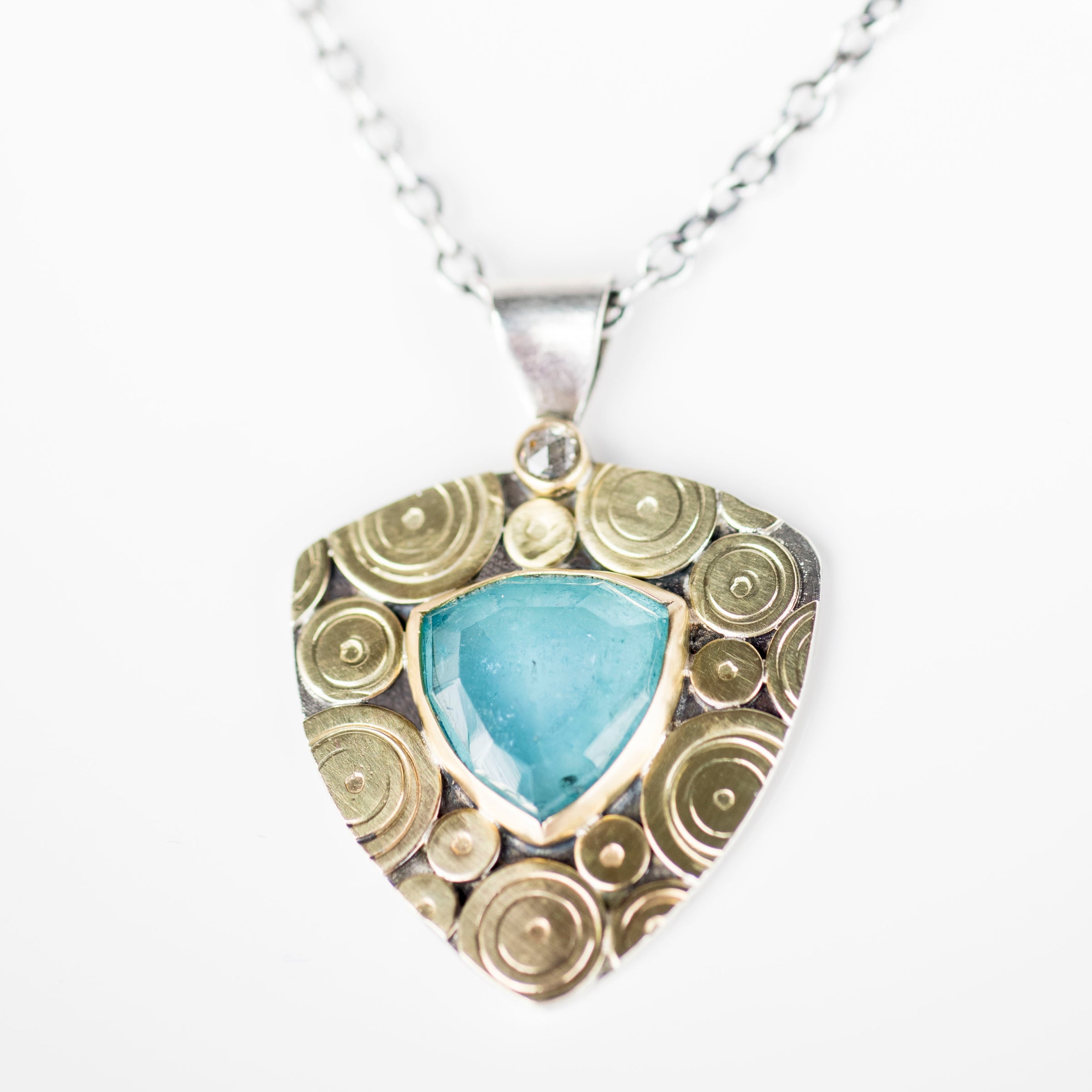 Madeira Blue Tourmaline & Diamond Pendant in Gold & Silver