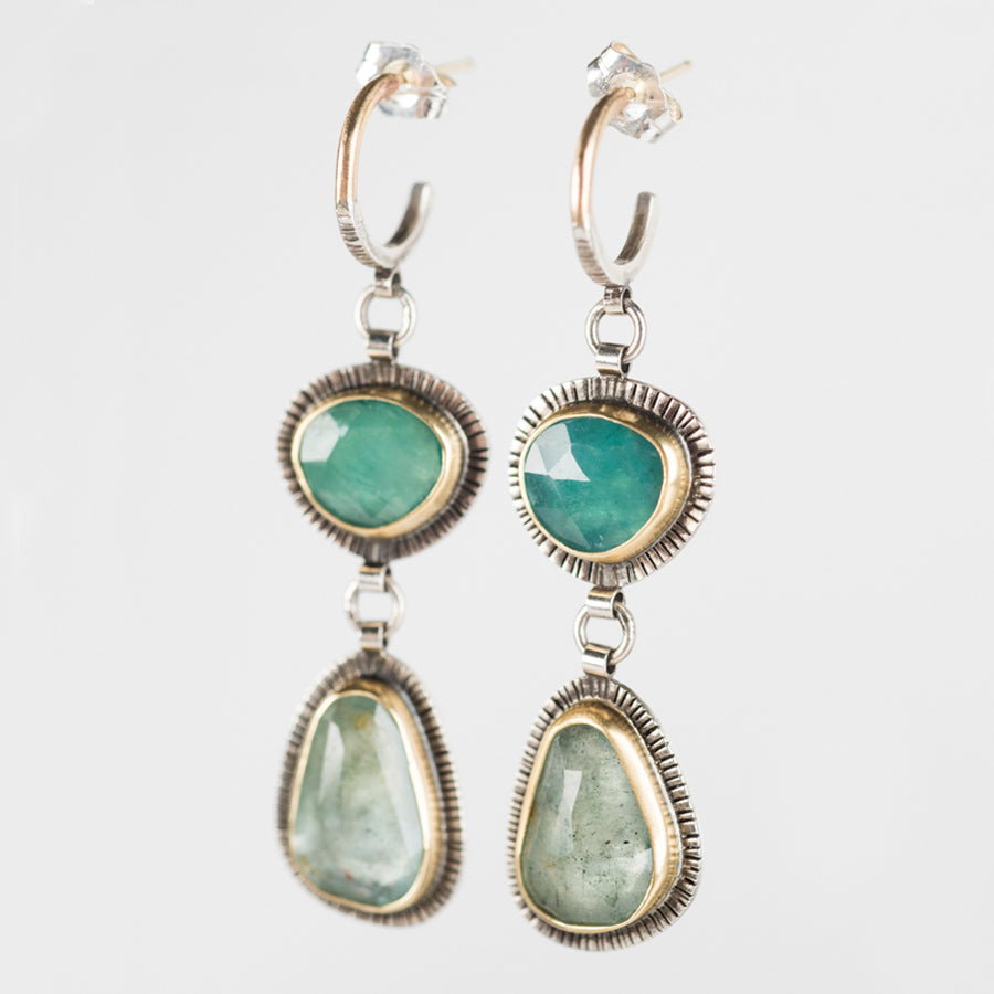 Tripoli Grandidierite & Moss Aquamarine Dangle Earrings on Hoops