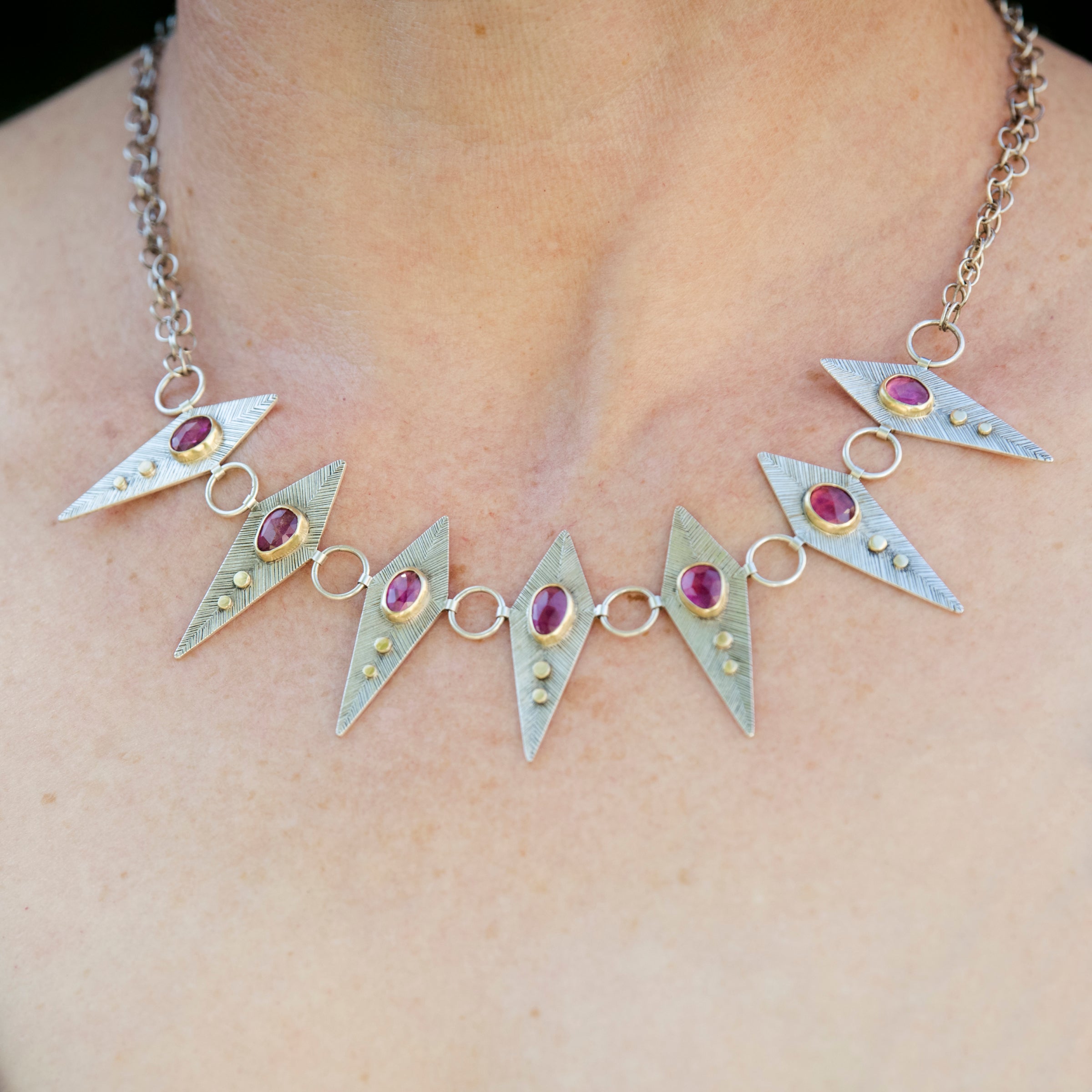 Glasgow Pink Tourmaline Bib Necklace in Gold & Silver