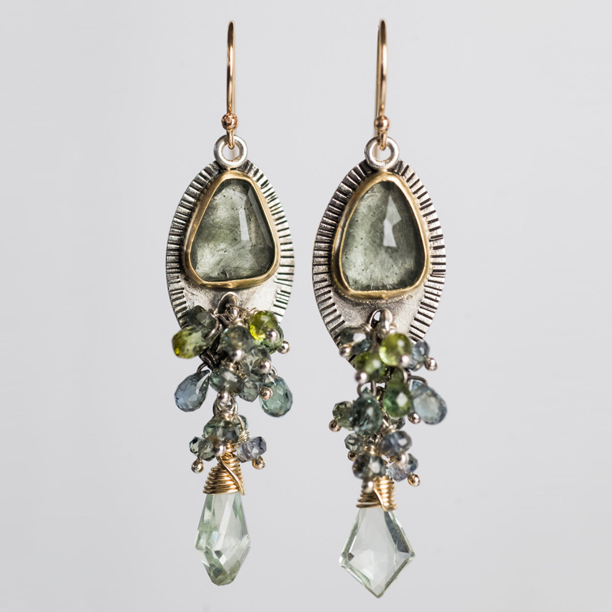 Venice Moss Aquamarine & Gem Tassel Earrings in Gold & Silver