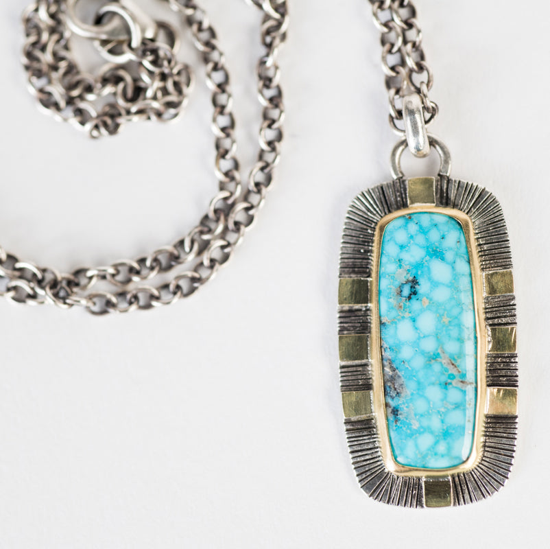 Sendai Rustic Kingman Turquoise Pendant in Gold & Silver