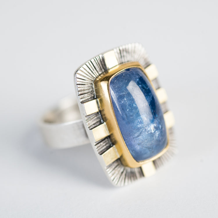 Sendai Tanzanite Ring in 18k Gold & Silver- Size 7 1/2
