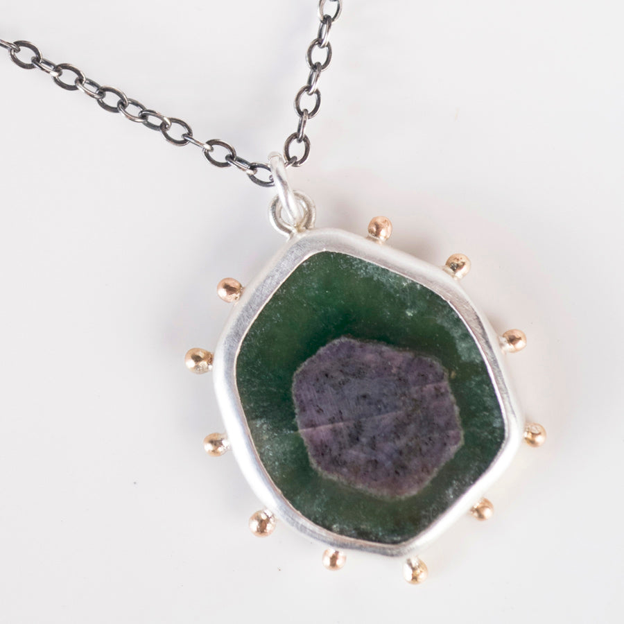 Hailey Ruby in Zoisite Pendant with Gold Granule Halo