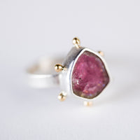 Hailey Watermelon Tourmaline Slice Ring w/ Gold Granule Halo - Size 6 1/4