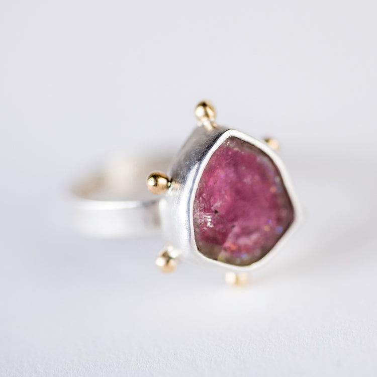 Hailey Watermelon Tourmaline Slice Ring w/ Gold Granule Halo - Size 6 1/4