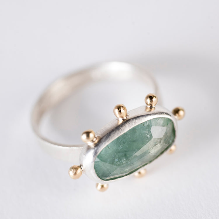 Hailey Blue Green Tourmaline Ring w/ Gold Granule Halo - Size 8