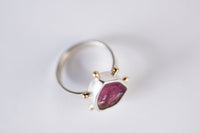 Hailey Watermelon Tourmaline Slice Ring w/ Gold Granule Halo - Size 6 1/4