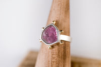 Hailey Watermelon Tourmaline Slice Ring w/ Gold Granule Halo - Size 6 1/4