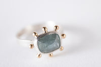 Hailey Grey Blue Tourmaline Ring w/ Gold Granule Halo, Size 7 1/4