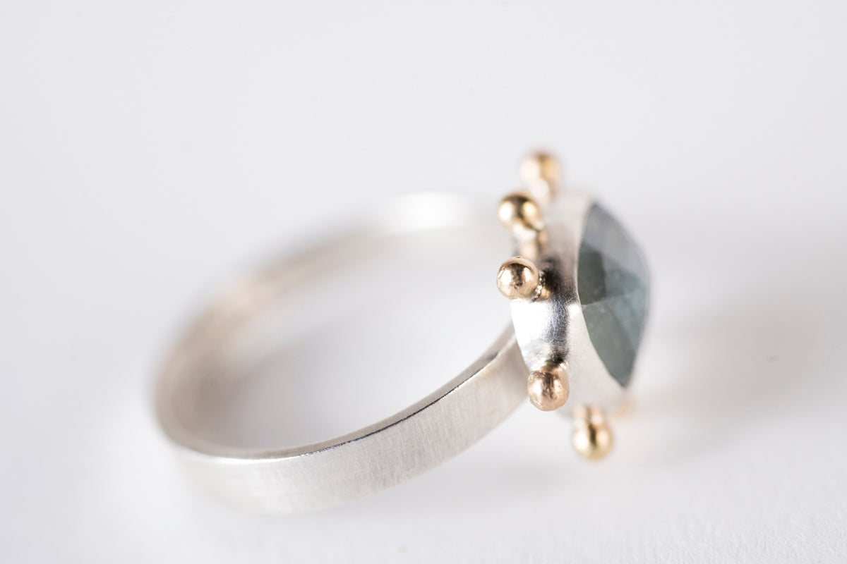Hailey Grey Blue Tourmaline Ring w/ Gold Granule Halo, Size 7 1/4