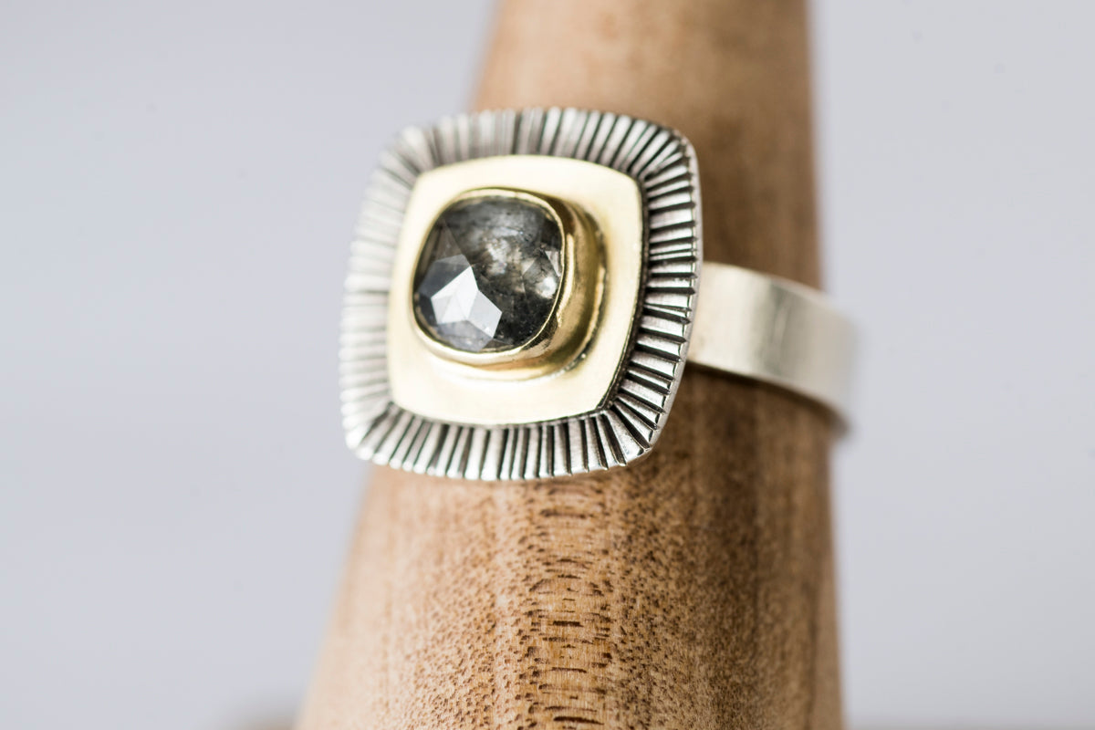 Paris Salt & Pepper Diamond Ring in 18k Gold, Silver, Size 7