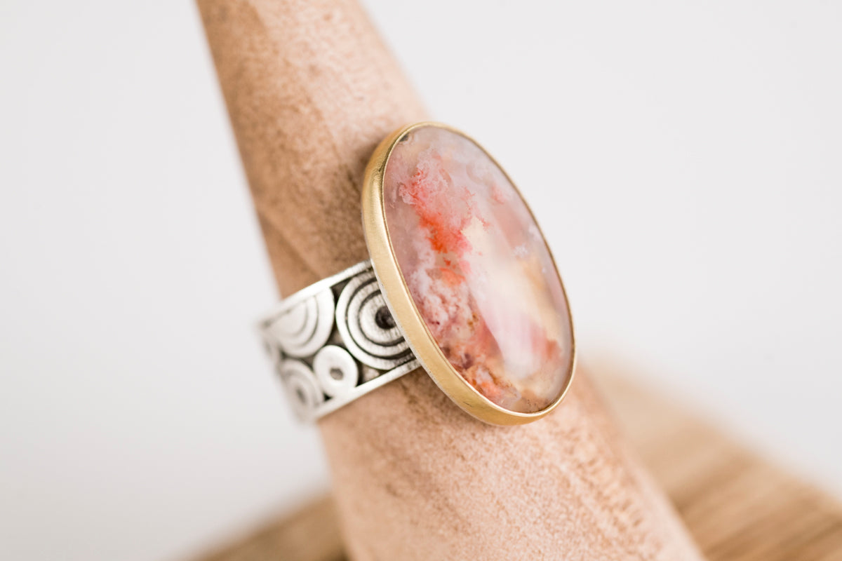 Majorca Regency Plume Agate Ring in 18k Gold & Silver-Size 7 1/2