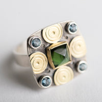 Catalonia Green Tourmaline & Sapphire Ring in 18k Gold and Silver