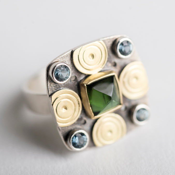 Catalonia Green Tourmaline & Sapphire Ring in 18k Gold and Silver