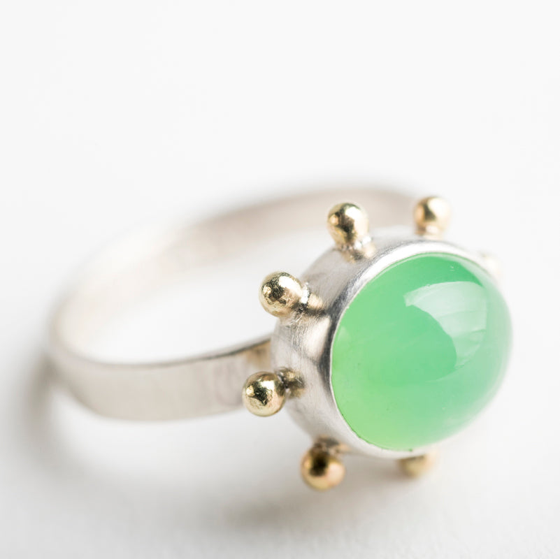 Hailey Chrysoprase Ring in Silver w/ Gold Granule Halo - Size 7