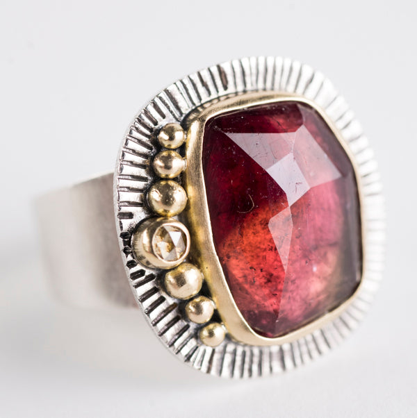 Leda Red Tourmaline & Champagne Diamond Ring - Size 7 1/2