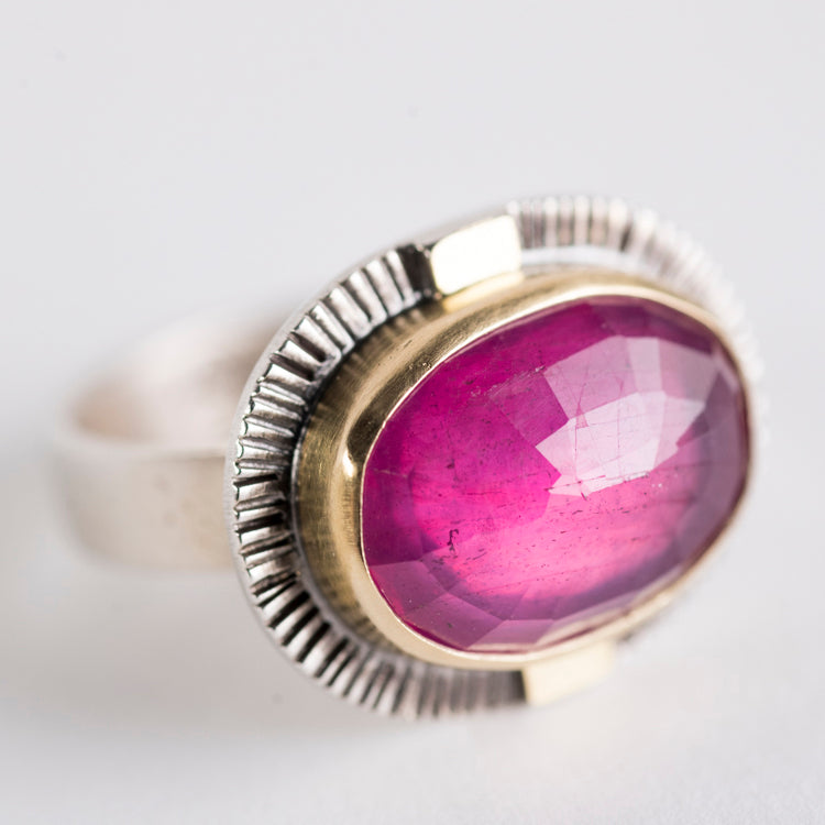 Sendai Pink Sapphire Ring in 18k Gold & Silver - size 7