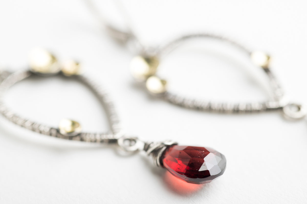 Galena Garnet Dangle Earrings in Silver w/ Gold Accents