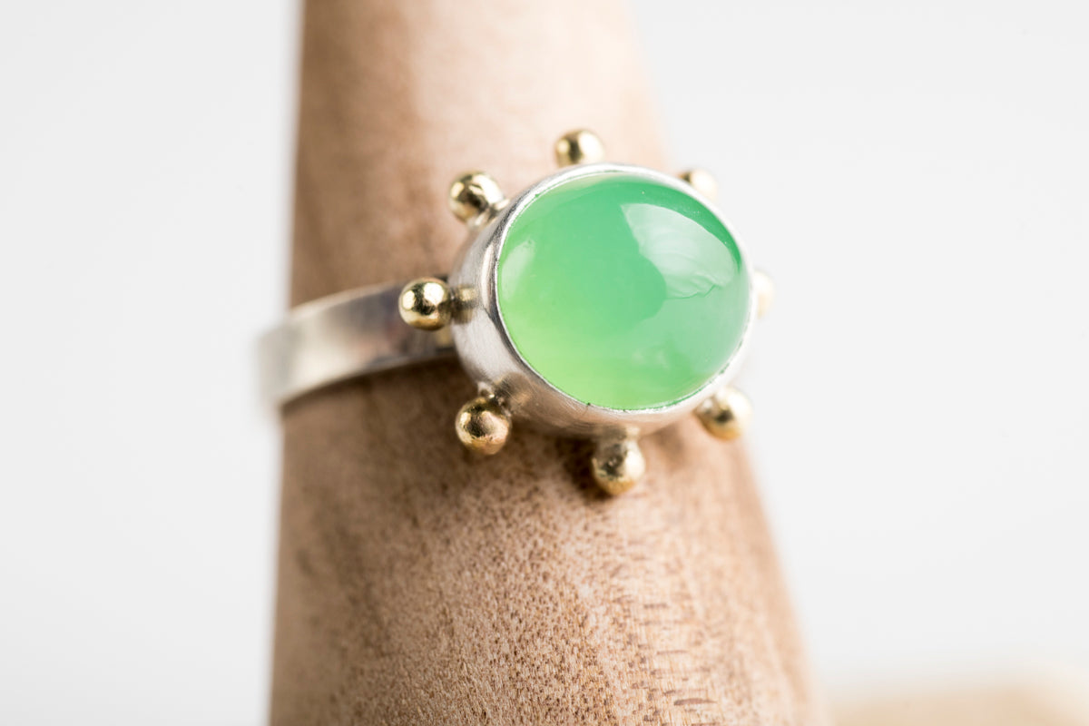Hailey Chrysoprase Ring in Silver w/ Gold Granule Halo - Size 7