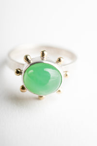 Hailey Chrysoprase Ring in Silver w/ Gold Granule Halo - Size 7