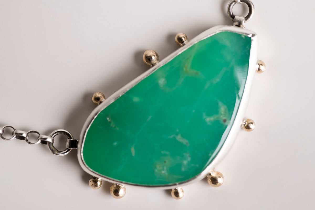 Ceres Chrysoprase Necklace, Silver w/ 14k Gold Granules