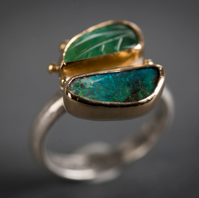 Aurora Emerald & Boulder Opal Ring - Size 6 1/2