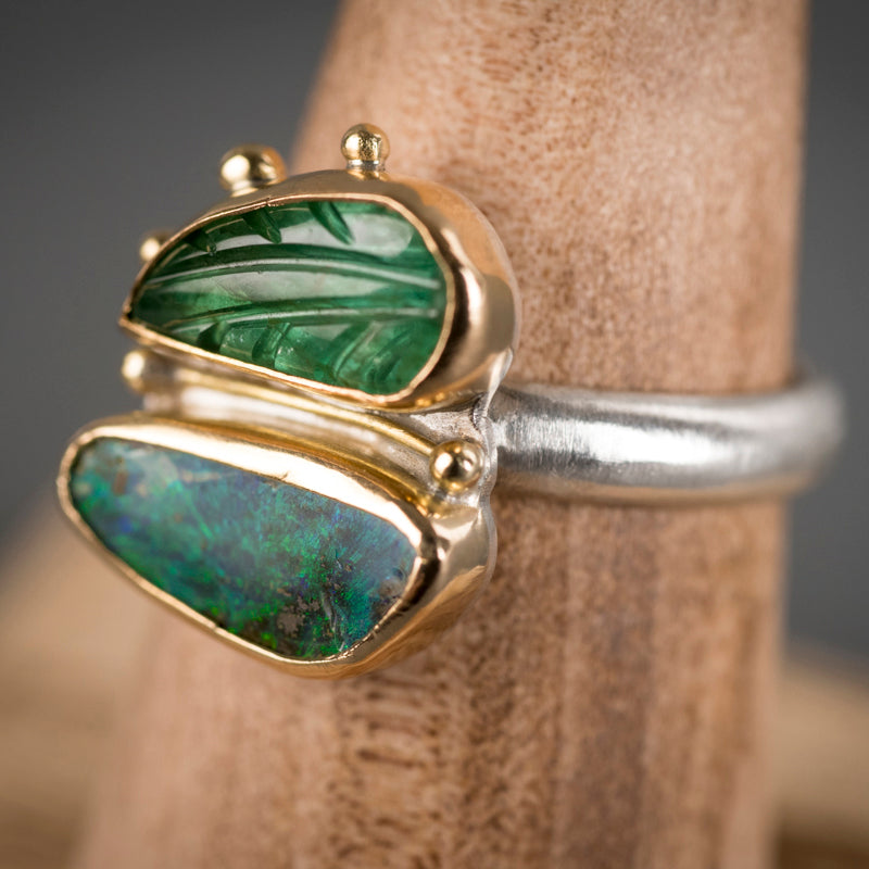Aurora Emerald & Boulder Opal Ring - Size 6 1/2