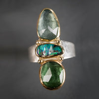 Aurora Boulder Opal, Green Tourmaline & Moss Aqua Ring - size 7 1/2