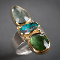 Aurora Boulder Opal, Green Tourmaline & Moss Aqua Ring - size 7 1/2