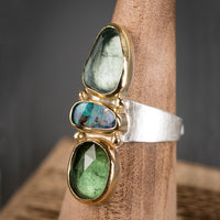 Aurora Boulder Opal, Green Tourmaline & Moss Aqua Ring - size 7 1/2