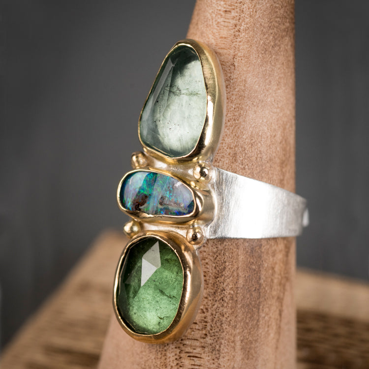Aurora Boulder Opal, Green Tourmaline & Moss Aqua Ring - size 7 1/2